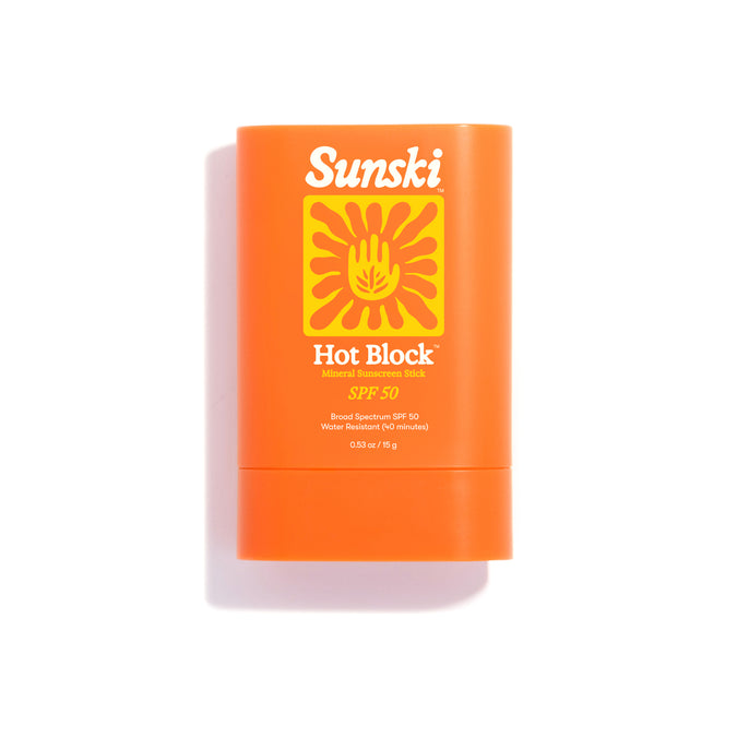 Hot Block SPF 50 Sunscreen - 0.53 oz / 15 g - Orange Sunsiki Hot Block SPF 50 sunscreen stick on a white background
