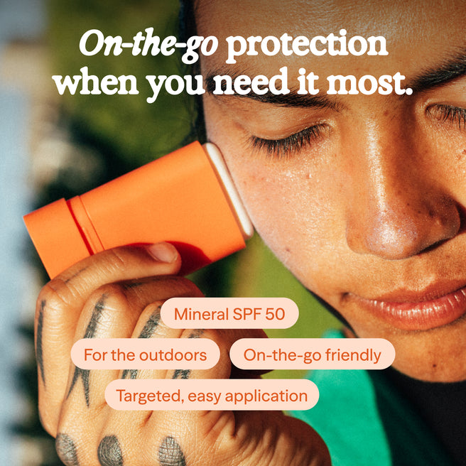 Hot Block SPF 50 Sunscreen - 0.53 oz / 15 g - Person holding an orange SPF product with text about protection and features.