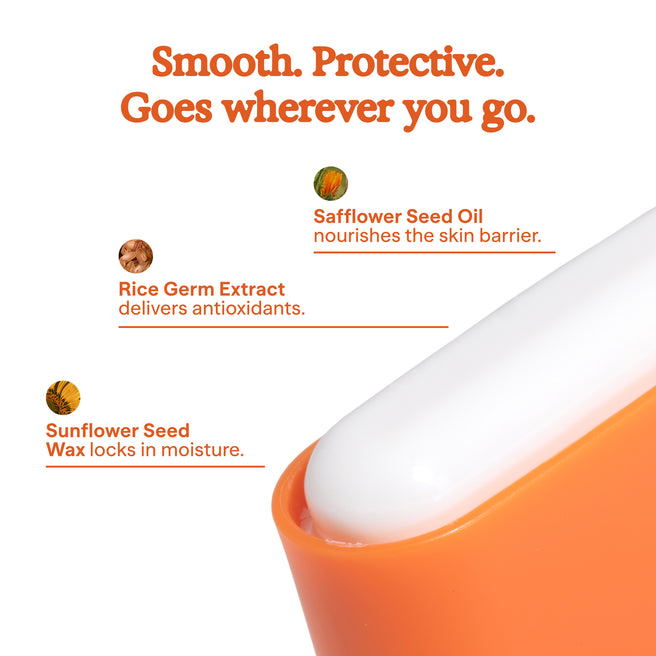 Hot Block SPF 50 Sunscreen - 0.53 oz / 15 g - Product with text highlighting ingredients and benefits on a white background