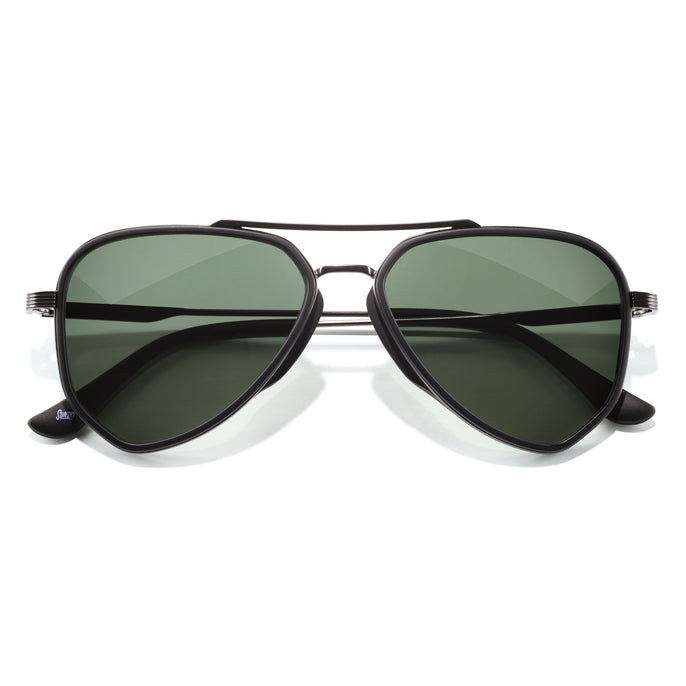 Astra - Black Forest - Aviator sunglasses with black frame and green lenses on a white background