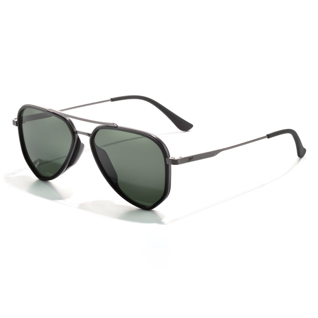 Black sunglasses with green lenses on a white background