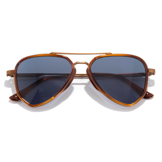 Aviator sunglasses with brown frame and dark lenses on a white background