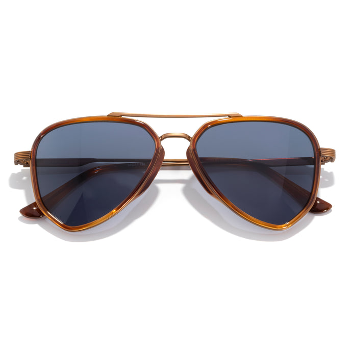 Astra - Caramel Midnight - Aviator sunglasses with brown frame and dark lenses on a white background