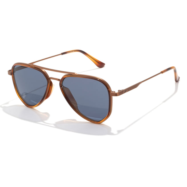 Brown sunglasses with blue lenses on a white background