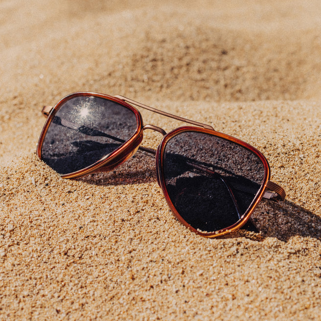 Sunglasses on a sandy surface
