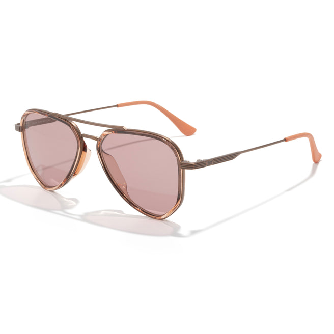 Sunglasses with brown frame and pink-tinted lenses on a white background