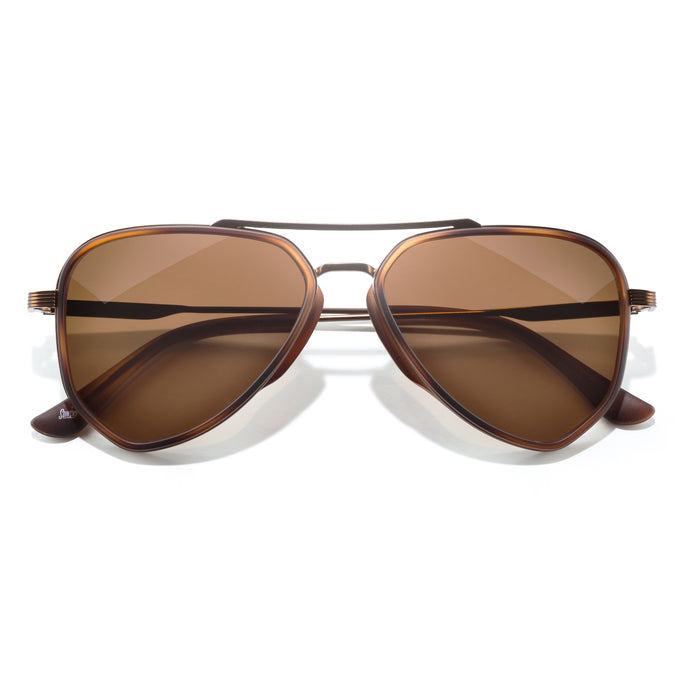 Astra - Tortoise Amber - Brown sunglasses with a gold frame on a white background