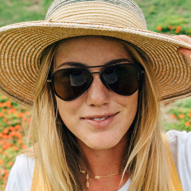 Woman wearing a straw hat and sunglasses with a blurred natural background