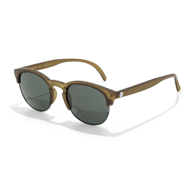Brown sunglasses with dark lenses on a white background