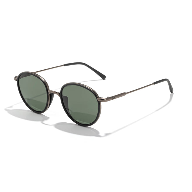 Round sunglasses with dark lenses on a white background