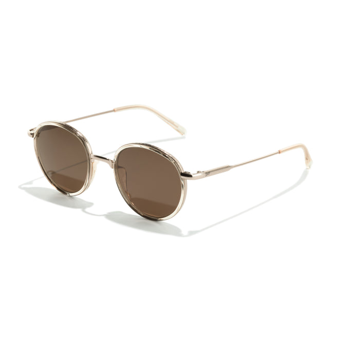 Sunglasses with striped frame and reflective lenses on a white background