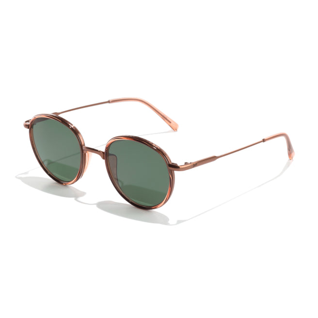 Round sunglasses with bronze frame and green lenses on a white background