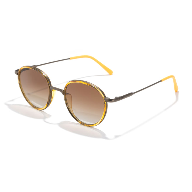 Sunglasses with yellow frame and brown gradient lenses on a white background