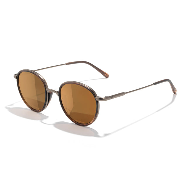 Round sunglasses with brown lenses on a white background