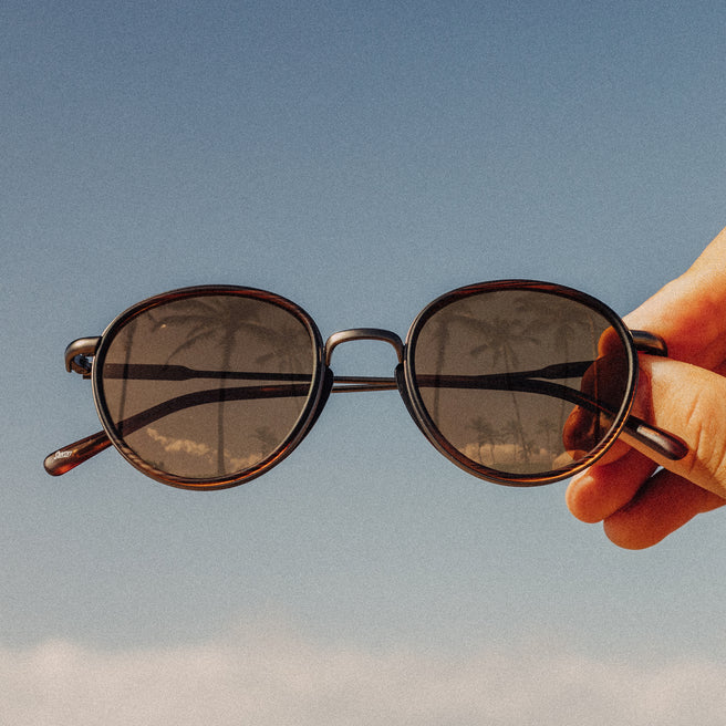 Hand holding a pair of sunglasses against a clear blue sky