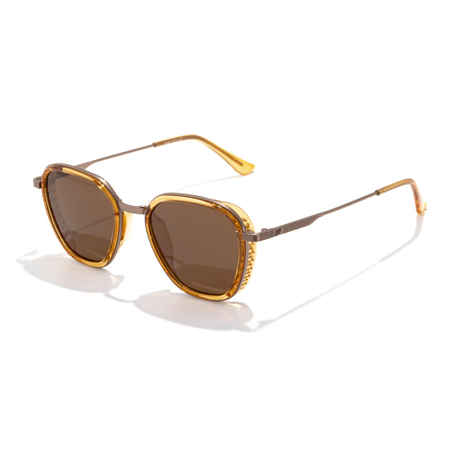 Sunglasses with striped frame and reflective lenses on a white background