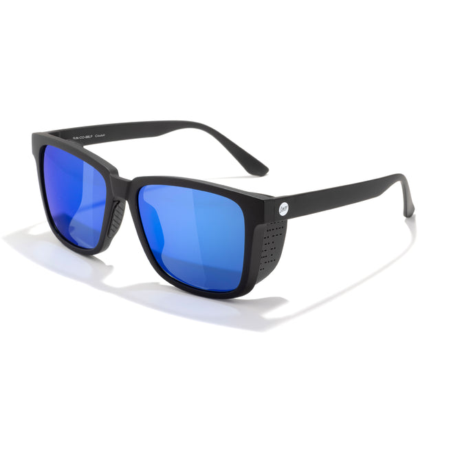 Black sunglasses with blue lenses on a white background