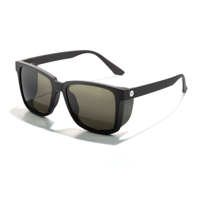 Black sunglasses with dark lenses on a white background