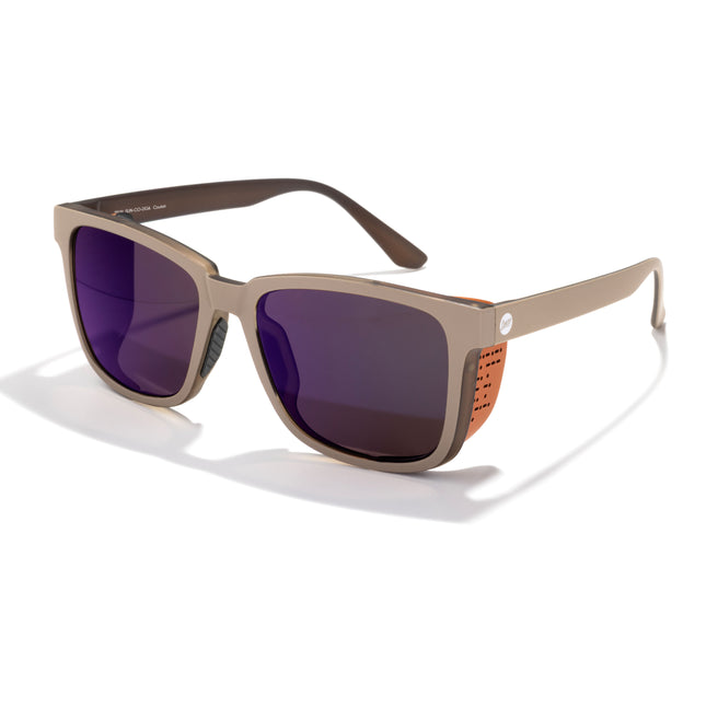 Sunglasses with brown frame and purple lenses on a white background