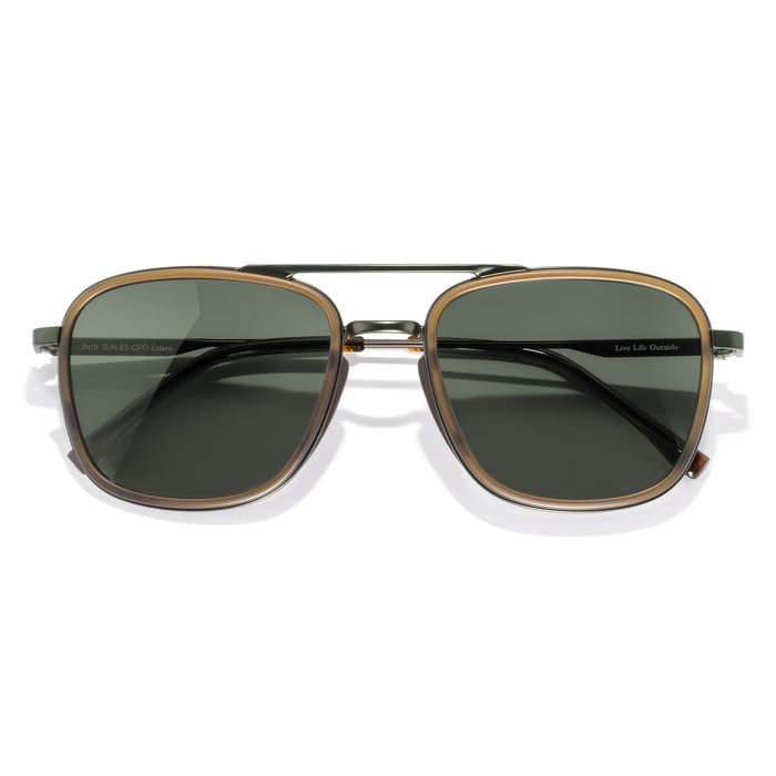 Sunglasses with gold frame and dark lenses on a white background
