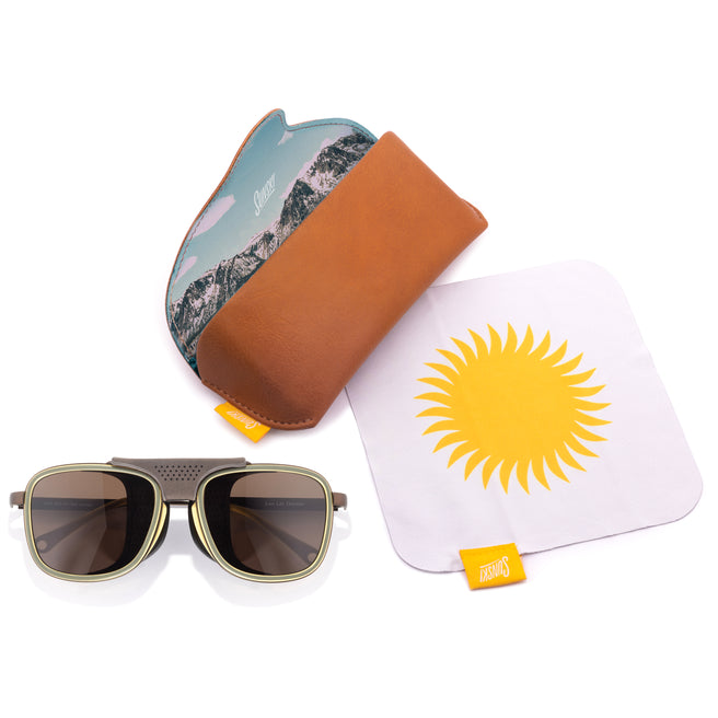 Sunglasses with a carrying hard case, and a microfiber cloth with a sun design.