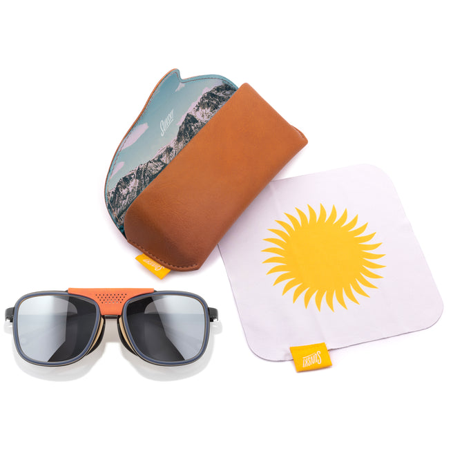 Sunglasses with a carrying hard case, and a microfiber cloth with a sun design.