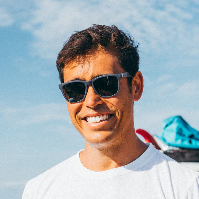 Man wearing sunglasses with a clear blue sky background