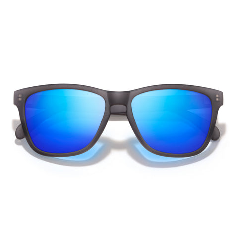 Headland - Blue - Sunglasses with blue reflective lenses and black frame on a white background