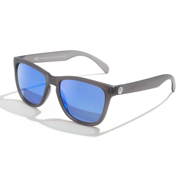Sunglasses with blue lenses and gray frame on a white background