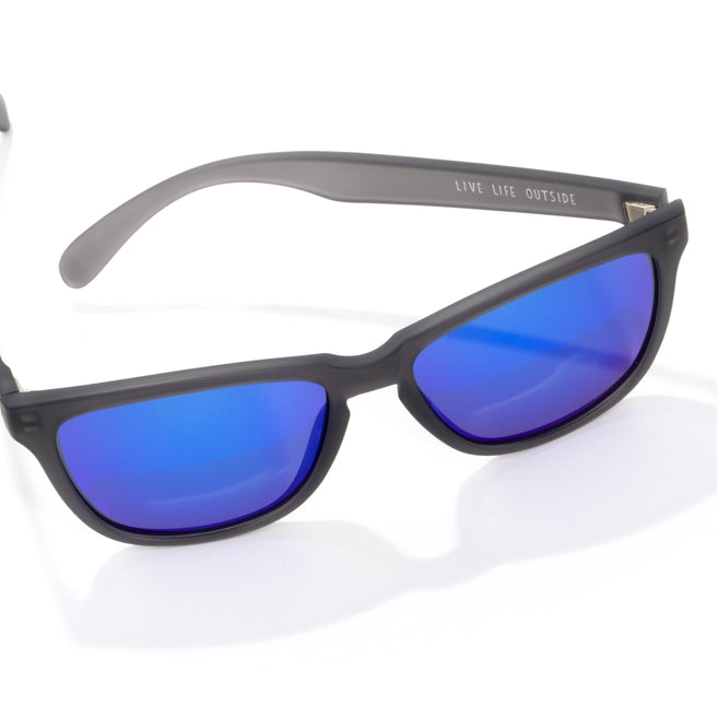 Sunglasses with blue lenses and gray frame on a white background