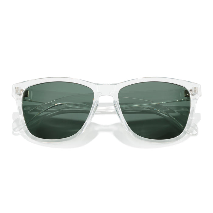 Clear frame sunglasses with dark lenses on a white background