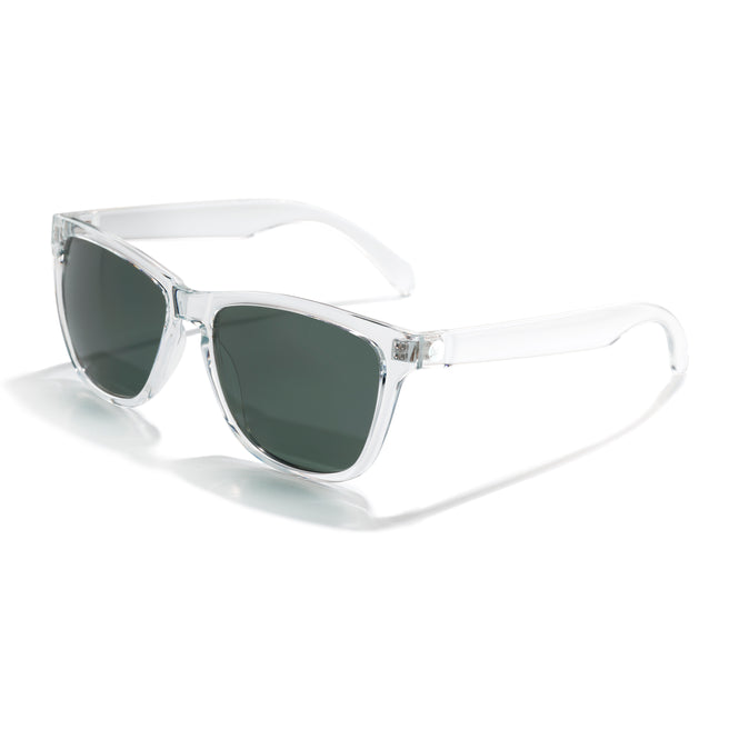 Clear frame sunglasses with dark lenses on a white background