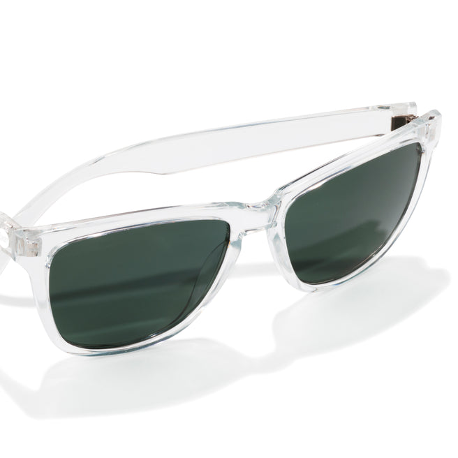 Clear frame sunglasses with dark lenses on a white background