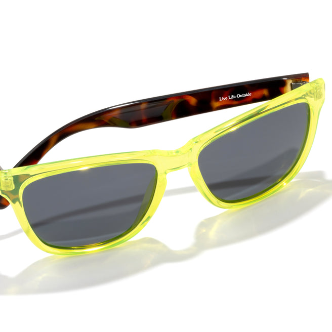 Sunglasses with yellow frame and dark lenses on a white background
