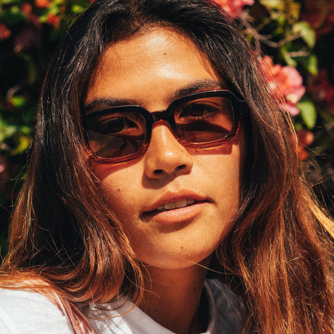 Person wearing sunglasses with a floral background
