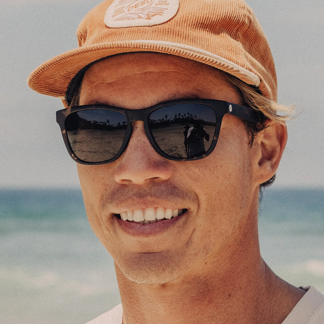 Man wearing sunglasses and a cap with a blurred beach background