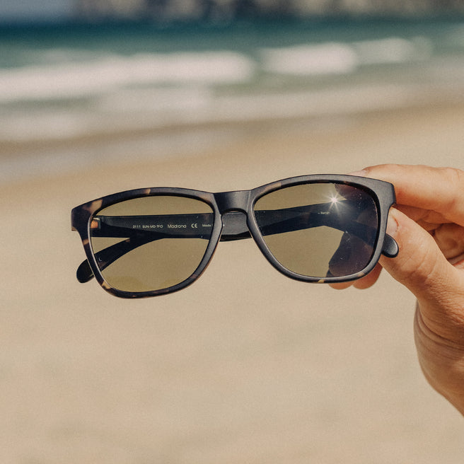 Sunglasses held in front of a beach with ocean waves in the background
