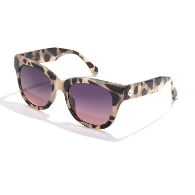 Sunglasses with leopard print frame and gradient purple lenses on a white background