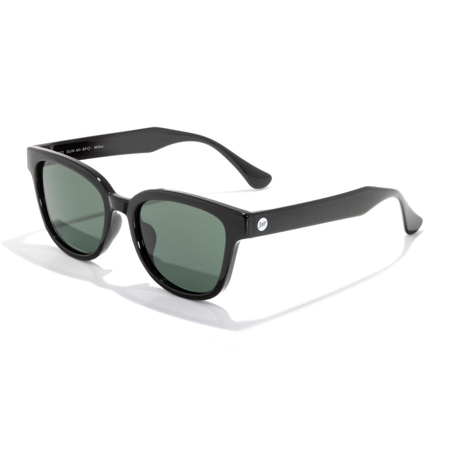 Sunglasses with a brown frame and dark lenses on a white background
