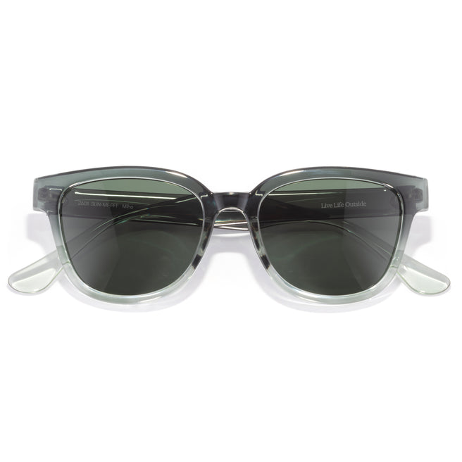 Sunglasses with clear frame and dark lenses on a white background