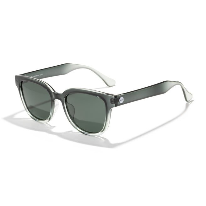 Sunglasses with dark lenses and a clear frame on a white background