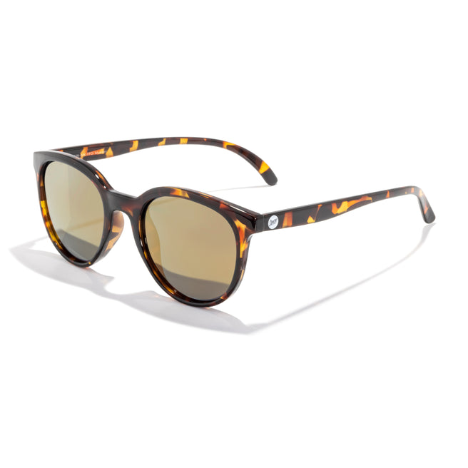 Sunglasses with tortoiseshell frame and gold lenses on a white background