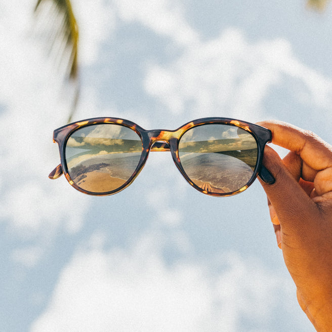 sunglasses with gold lenses in front of palm trees