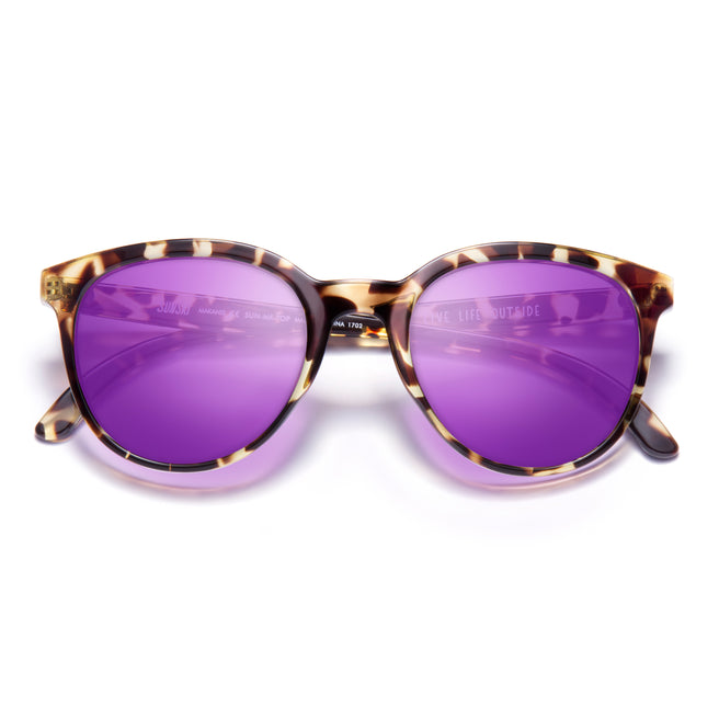sunglasses with purple lenses and tortoise frame