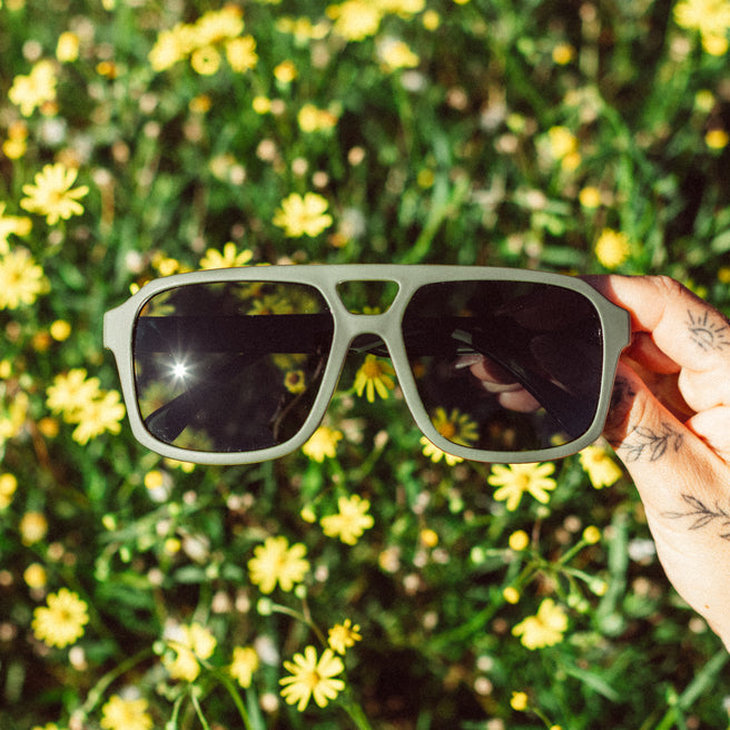 Sunglasses held in front of a field of yellow flowers