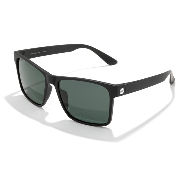 Black sunglasses with green lenses on a white background