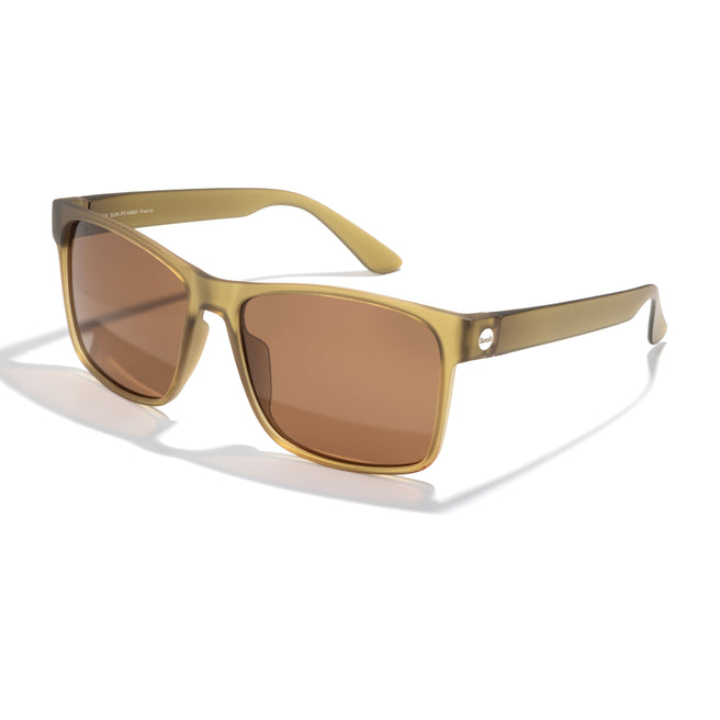 Gold-framed sunglasses with brown lenses on a white background