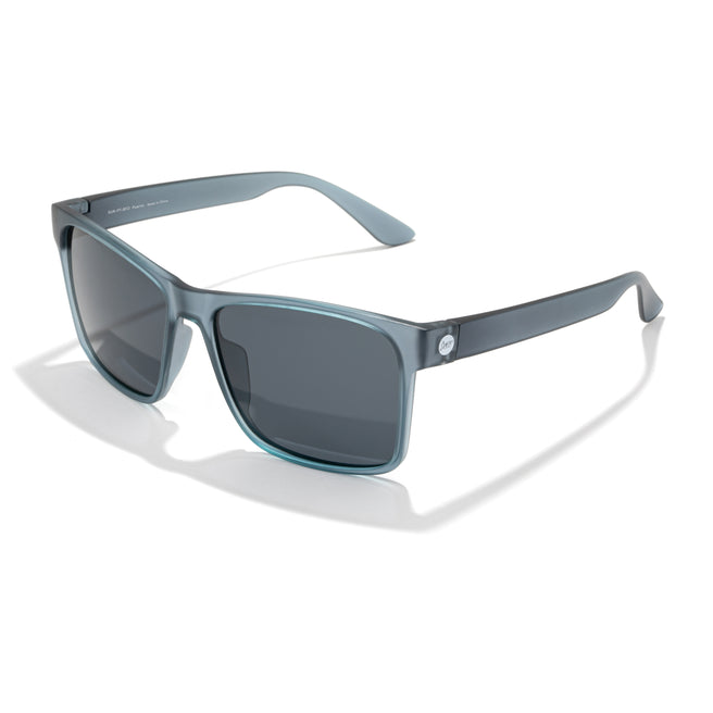 Sunglasses with blue frames and dark lenses on a white background
