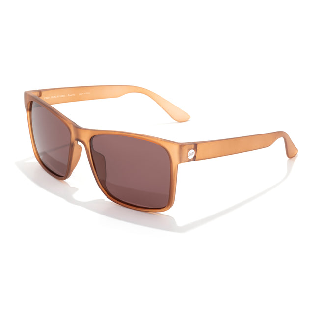 Sunglasses with brown frames and lenses on a white background