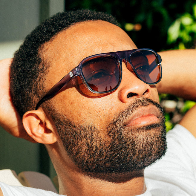 Man wearing sunglasses with a blurred natural background